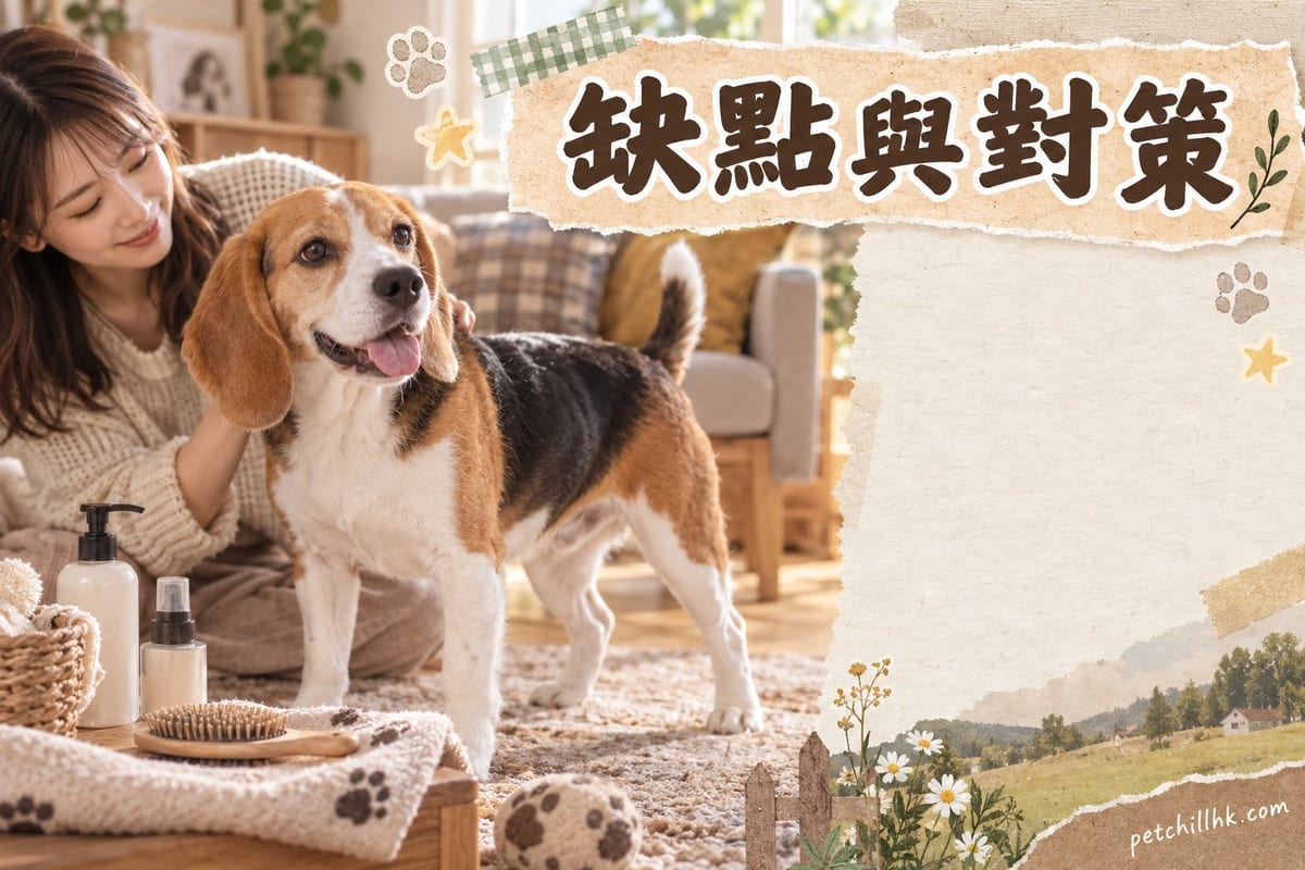一隻比格犬企喺客廳咬住玩具,周圍散落住紙碎,主人喺旁邊無奈望住
