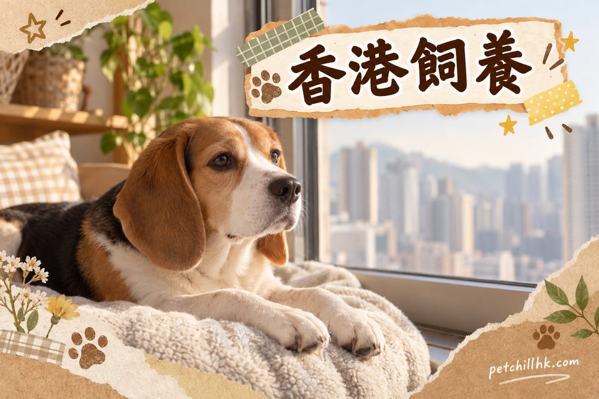 一隻比格犬企喺香港住宅窗邊,望住窗外密集嘅樓宇,室內放住水碗同地墊