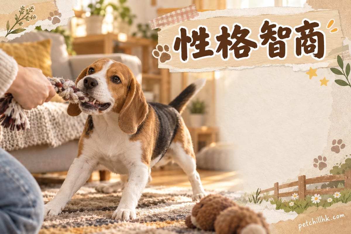 一隻比格犬坐喺客廳地氈上，耳朵豎起、眼神警覺望住主人手中的零食