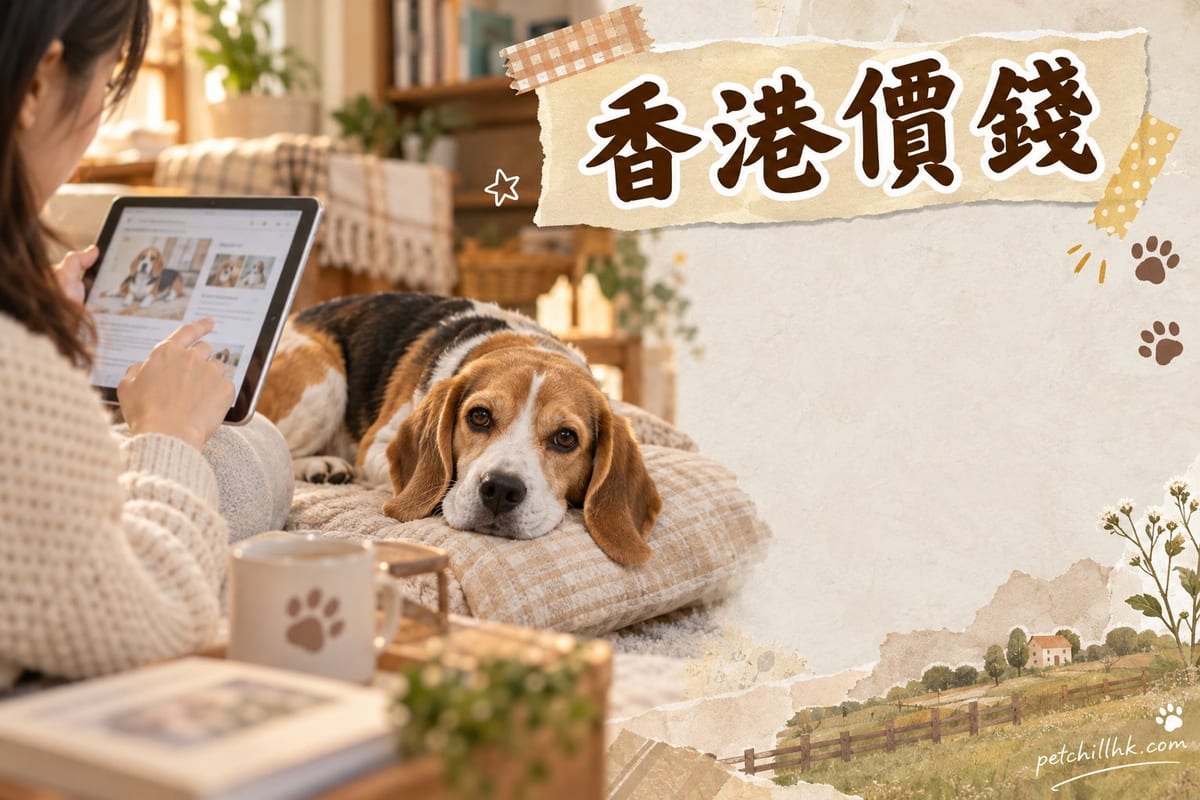 一隻三色比格犬幼犬坐喺香港住宅客廳,旁邊放住狗糧碗同牽繩