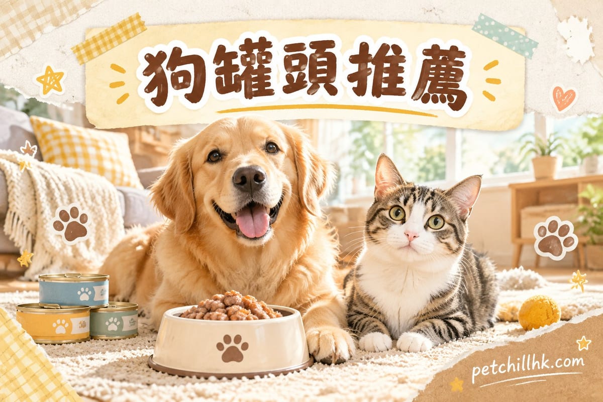 廚房枱上打開蓋嘅狗罐頭盛著肉塊肉汁,旁邊放著量勺,一隻比熊在枯邊望住食物