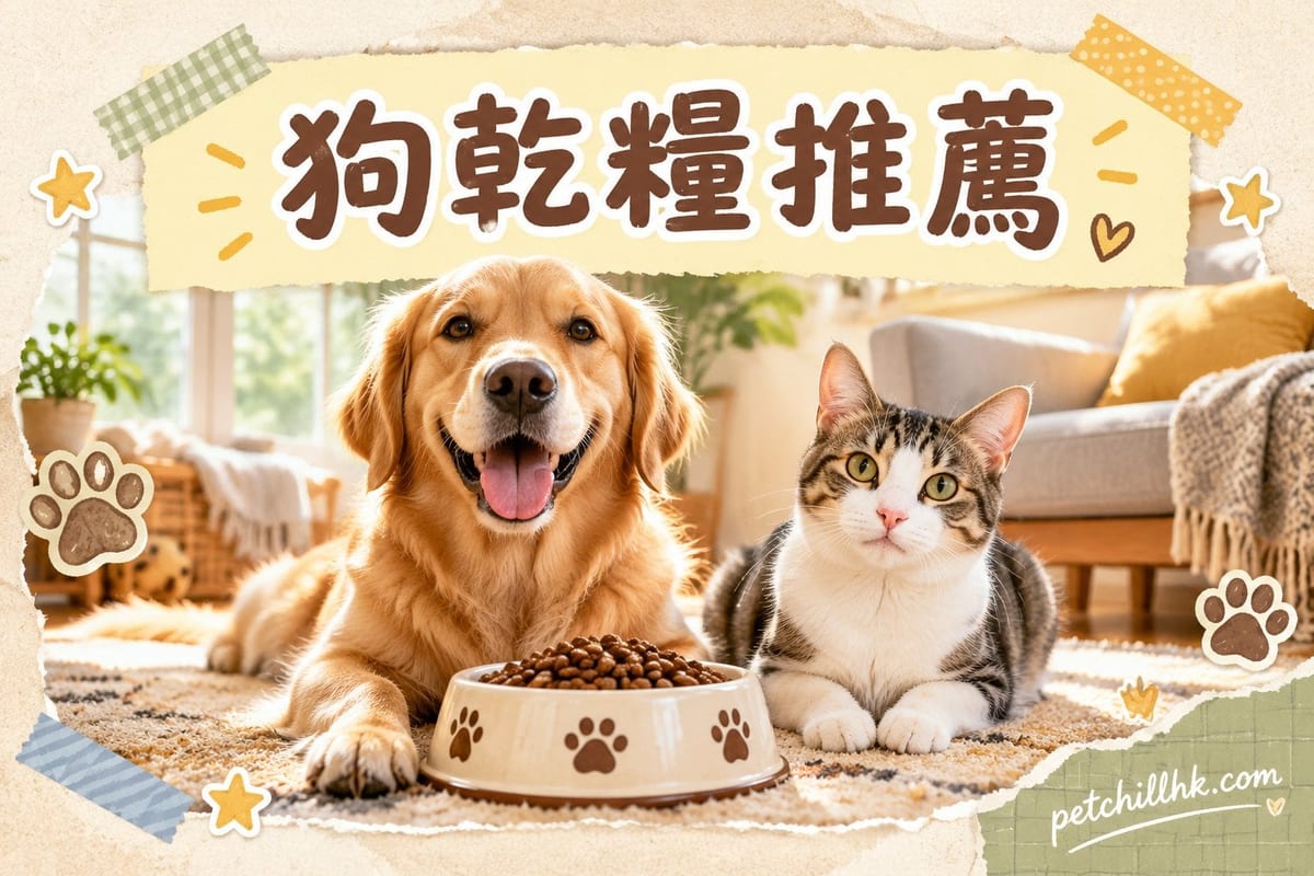 瓷碗盛滿棕色狗乾糧顆粒,旁邊放住成分表清晰嘅乾糧包裝,一隻柯基低頭嗅糧