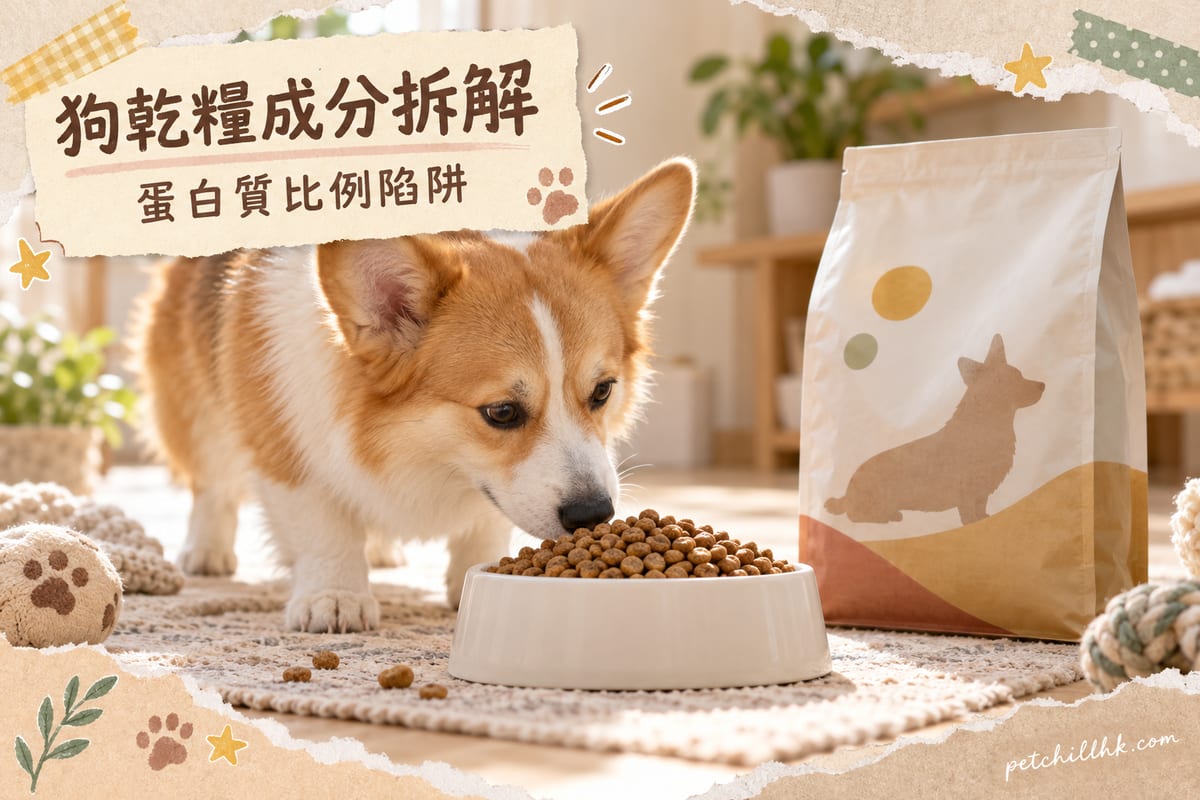 瓷碗盛滿棕色狗乾糧顆粒,旁邊放住成分表清晰嘅乾糧包裝,一隻柯基低頭嗅糧