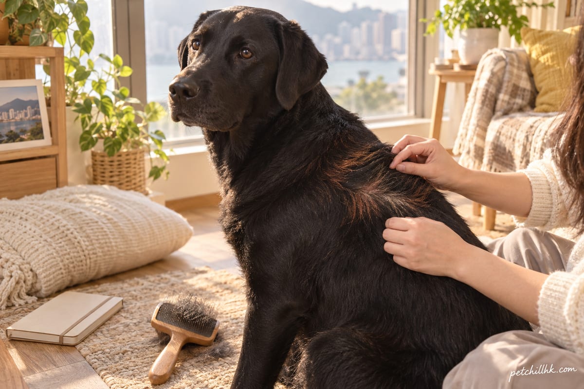 一隻黑色拉布拉多犬坐喺窗邊,主人用手撥開狗狗背部毛髮,陽光下見到毛尖呈紅褐色而毛根仍然烏黑