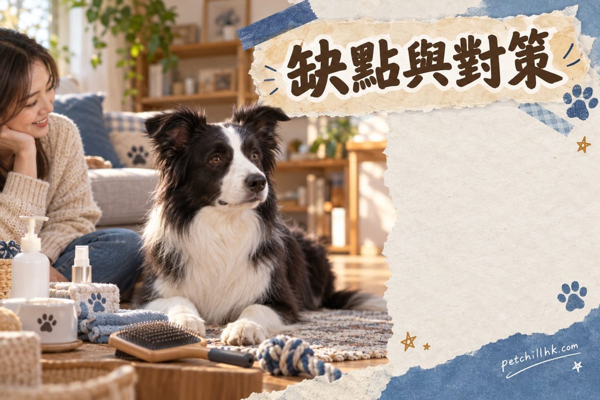 一隻黑白邊境牧羊犬喺香港細小單位內顯得精力旺盛,旁邊散落玩具