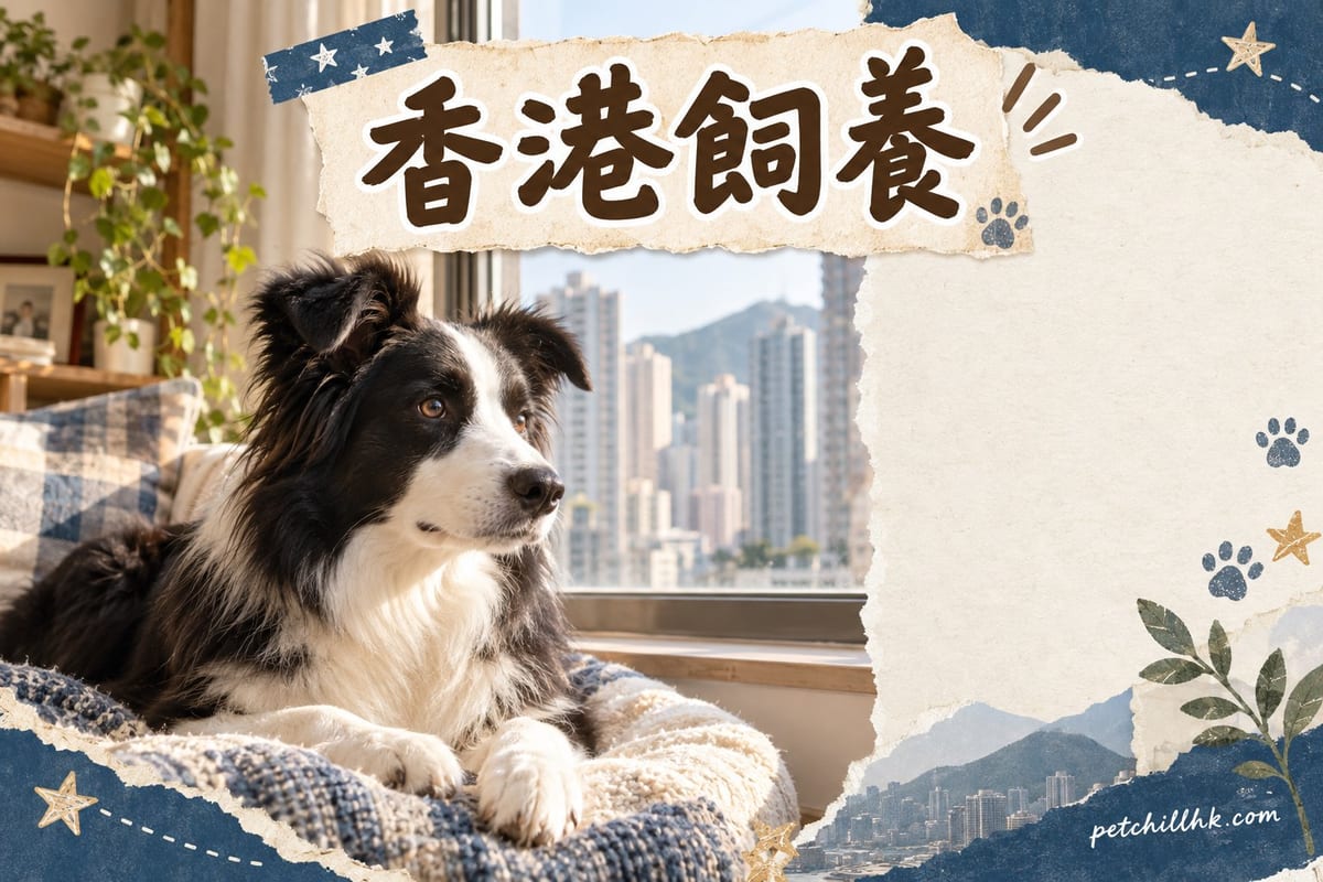 一隻黑白邊境牧羊犬戴住牽繩喺香港屋苑通道散步,主人陪喺身邊