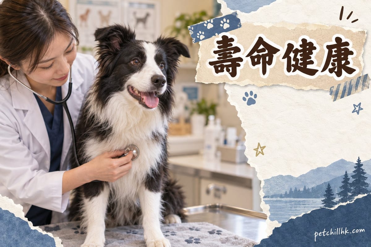 一隻成年黑白邊境牧羊犬安靜坐喺香港公園長椅旁,神情健康平穩