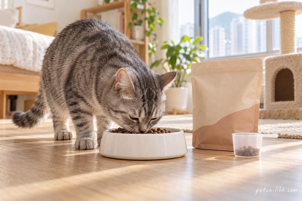 一隻香港短毛虎斑貓喺單位木地板嘅白色陶瓷碗前面低頭食深褐色乾糧，旁邊放住一個冇印字樣嘅米色糧袋同一隻透明量杯，窗邊有柔和晨光