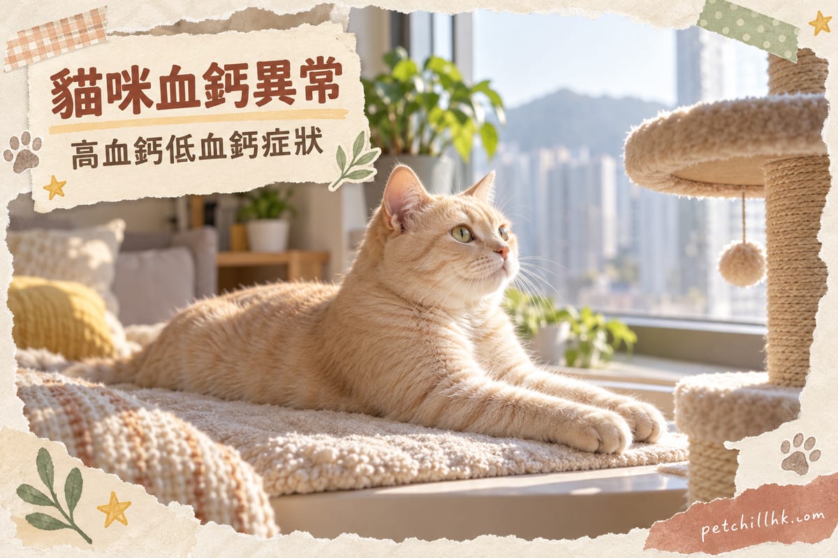 一隻米黃色短毛家貓趴喺窗邊軟墊上,前腳伸直但冇跳上旁邊嘅貓樹,陽光斜照入香港單位客廳