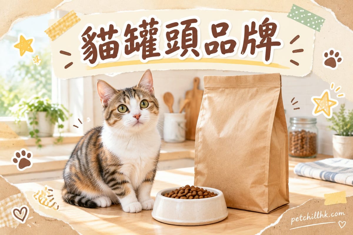 木枱上排列多款唔同品牌貓罐頭，一隻白色貓好奇望住鏡頭，背景係香港住宅廚房