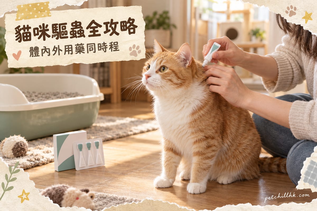 香港家居木地板上放住貓砂盆同驅蟲滴劑藥盒,一隻橘白虎斑貓坐喺旁邊,主人撥開佢頸背毛髮準備滴藥