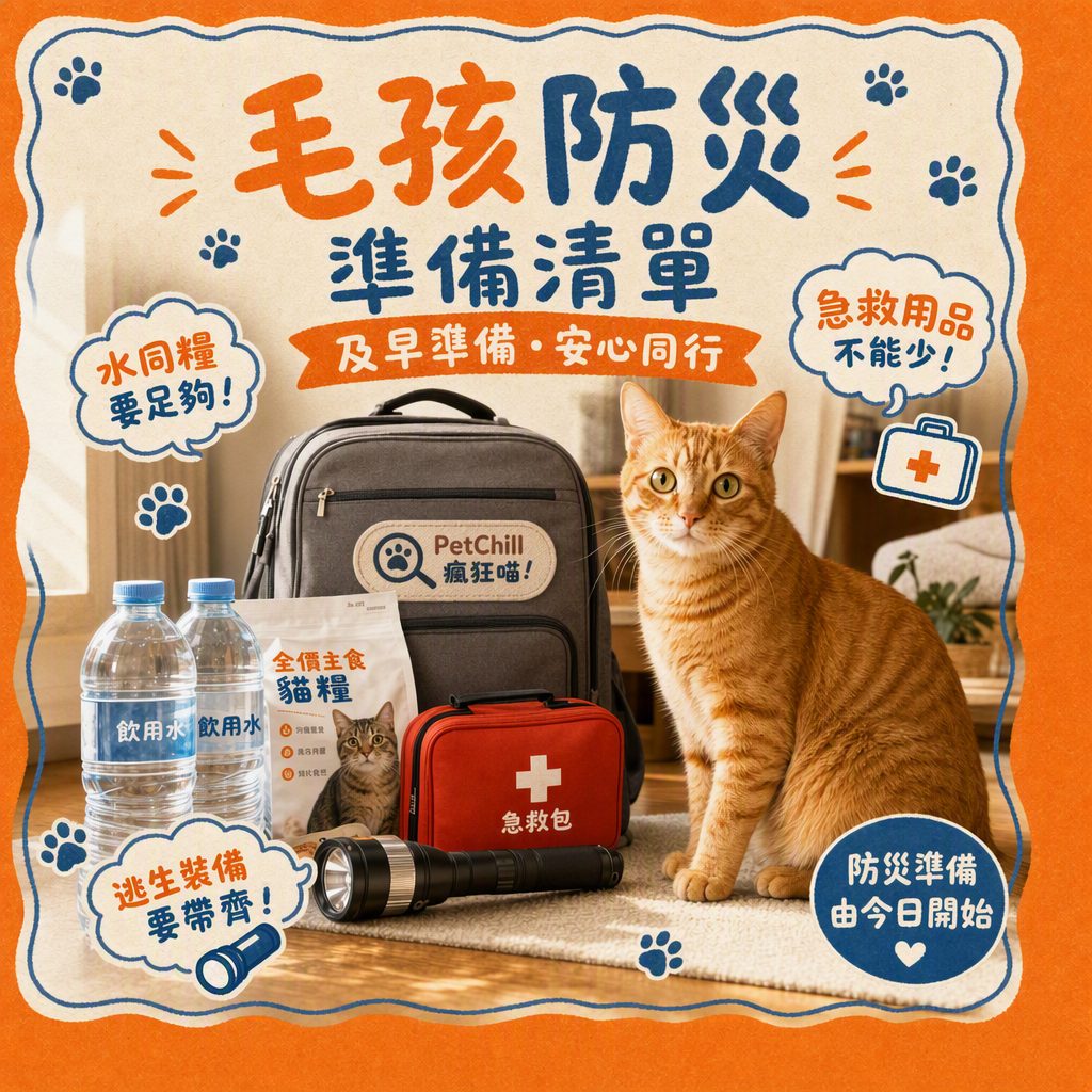 一隻虎斑貓安靜地坐喺防災物資旁邊,包括水樽、貓糧同緊急用品