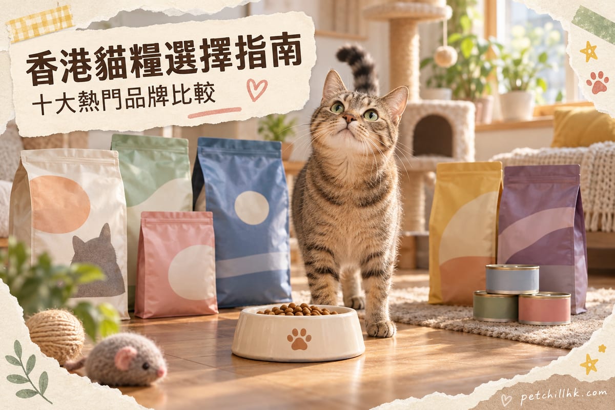 幾款貓糧包裝排列喺家居地板，一隻虎斑貓企喺糧碗前面仰望，光線溫暖
