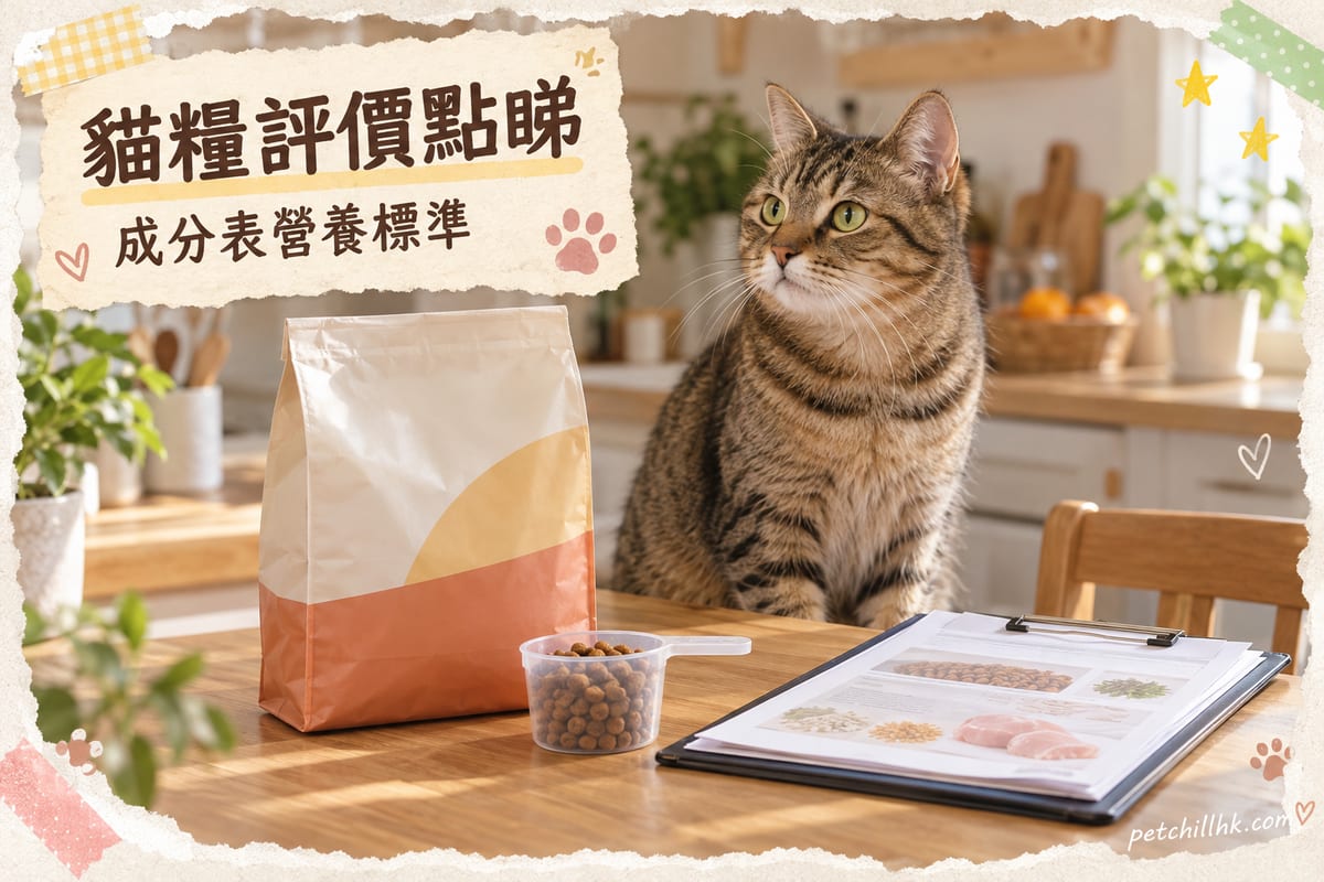 一隻虎斑貓坐喺廚房木枱旁邊,枱上放住一包無字樣貓糧、一個透明量杯同一個夾住成分表影印本嘅文件夾