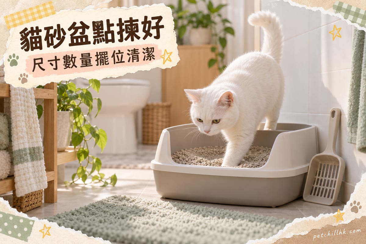 家居浴室角落擺住一個開放式貓砂盆,一隻白貓正踏入盆內,旁邊有貓砂鏟