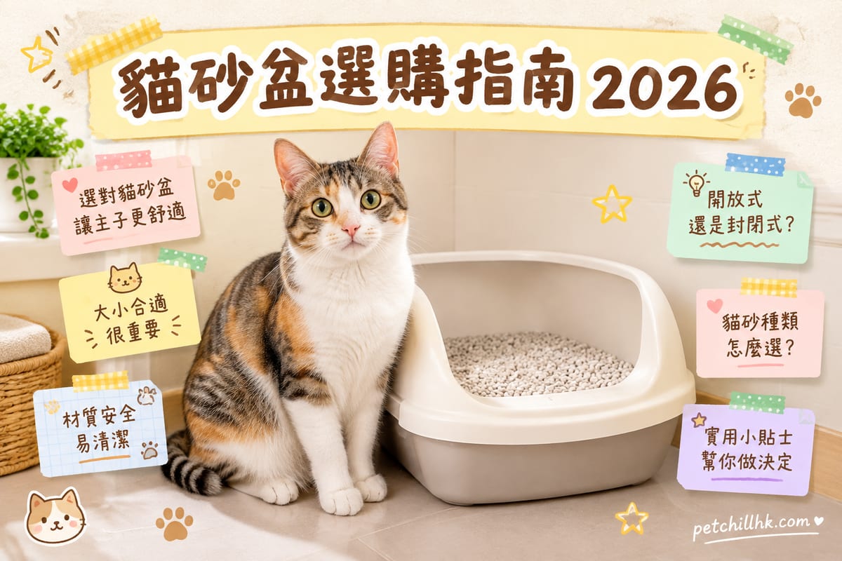 家居浴室角落擺住一個開放式貓砂盆,一隻白貓正踏入盆內,旁邊有貓砂鏟