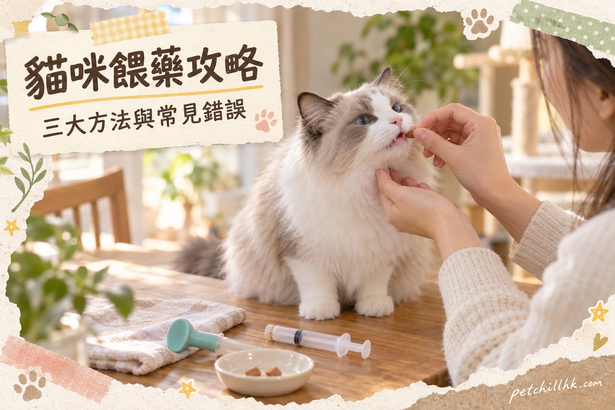 一隻布偶貓坐喺木枱上,主人用零食溫柔餵藥,旁邊擺住餵藥器同針筒