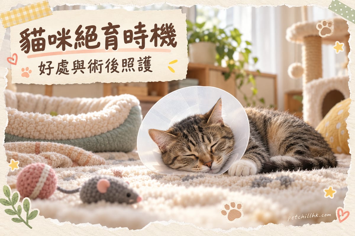 戴住伊麗莎白頸圈嘅虎斑貓靜靜瞓喺家中氈上，絕育術後休養