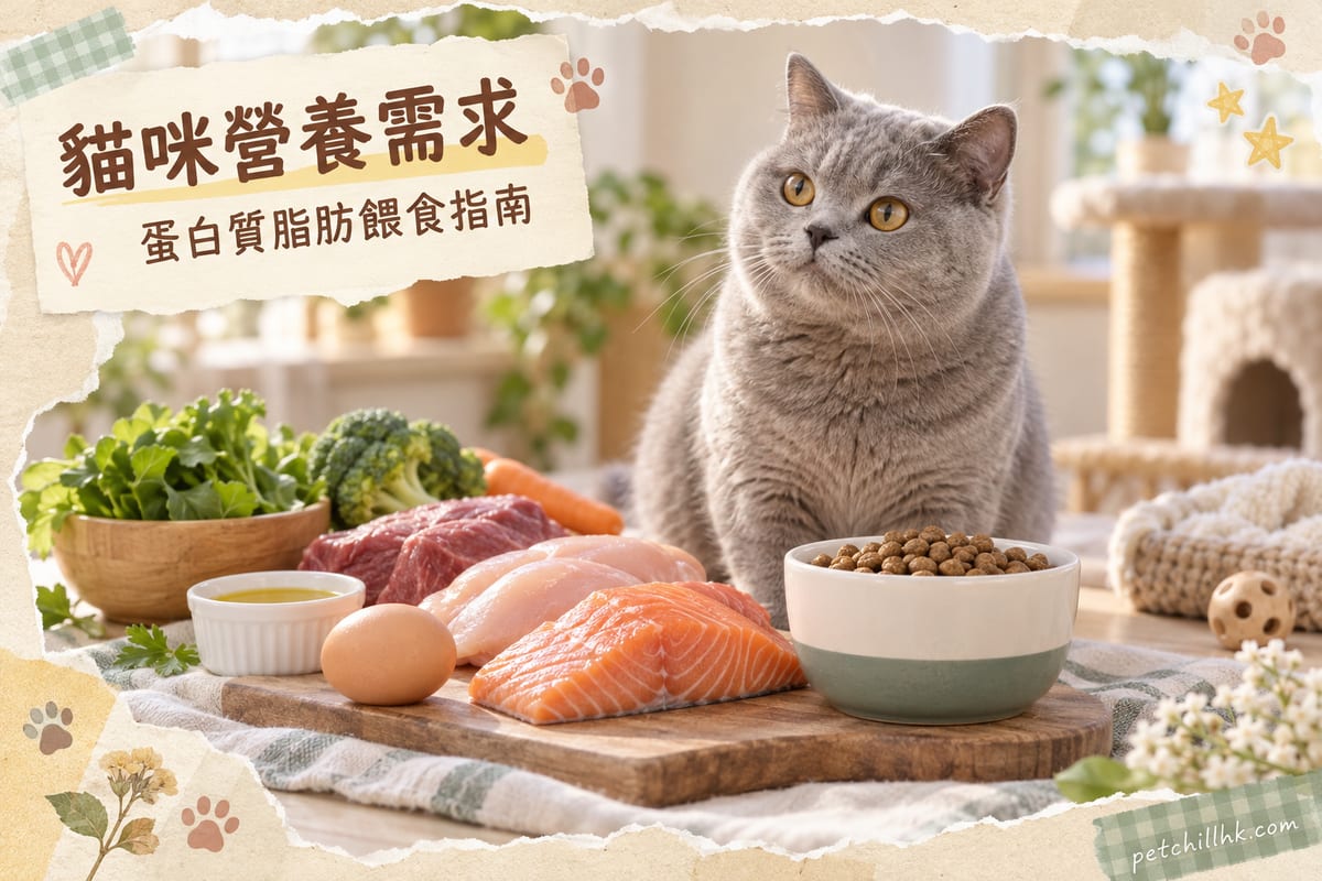貓咪營養全攻略插圖：一隻英國短毛貓喺健康食物旁邊