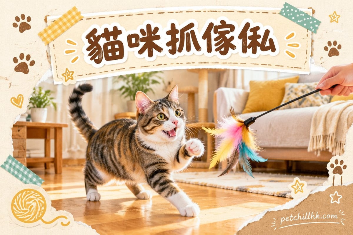 一隻虎斑貓喺香港細單位的布梳化扶手上伸出爪磨爪,梳化旁放住一個劍麻抓板