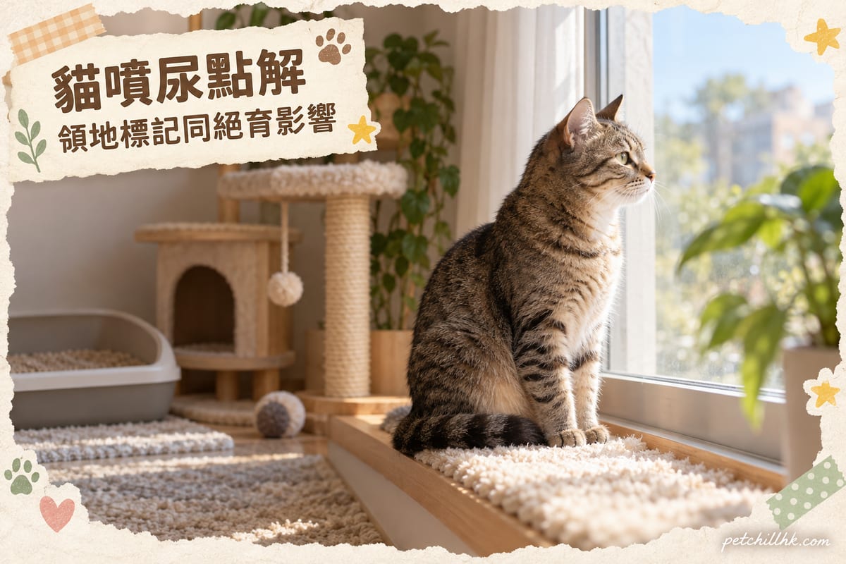 貓噴尿指南:健康虎斑貓坐喺窗邊平靜望窗外,背景有貓樹同砂盆資源
