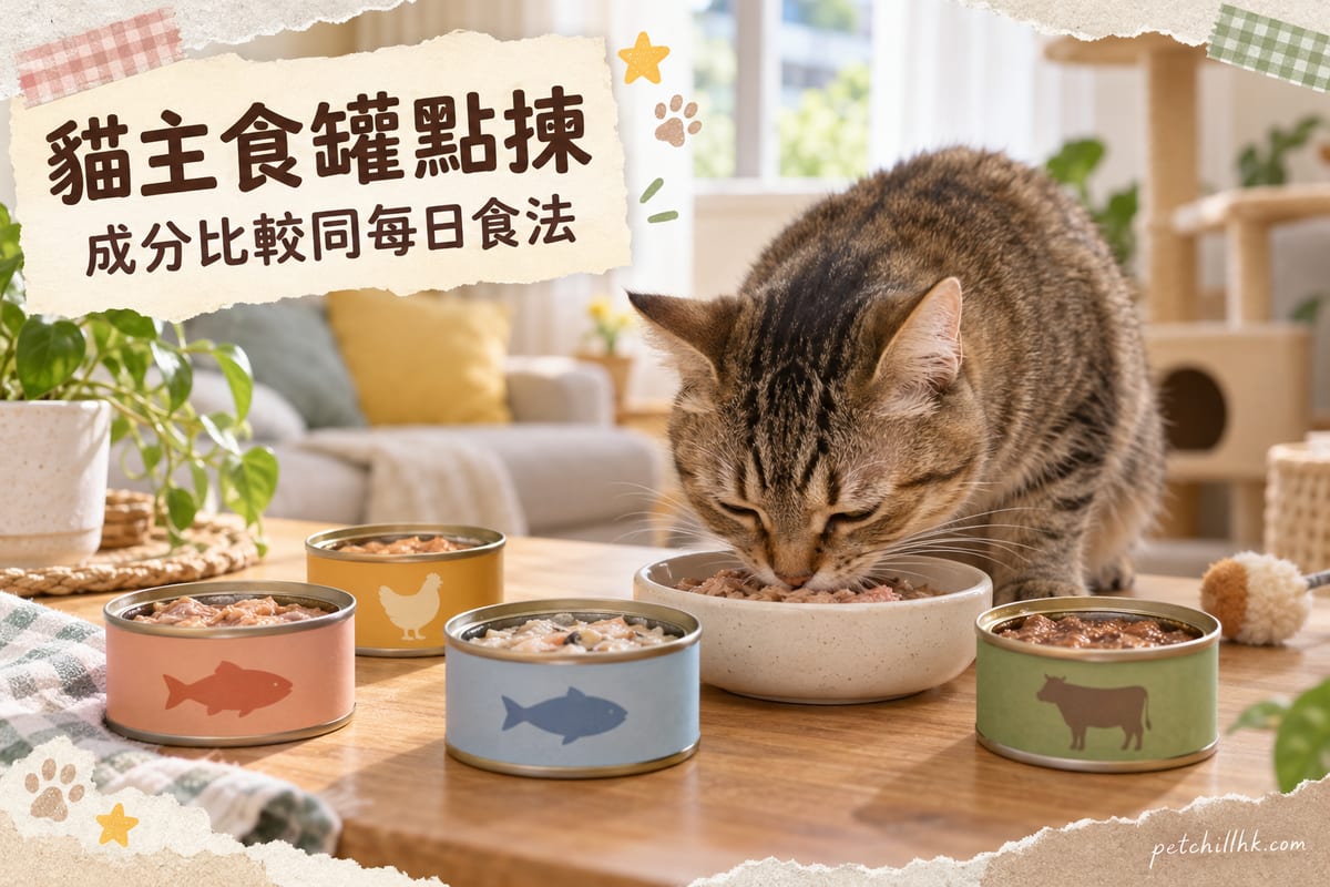 一隻虎斑貓埋頭食開蓋罐頭主食,枱面排住幾款唔同口味貓罐頭,香港家居環境