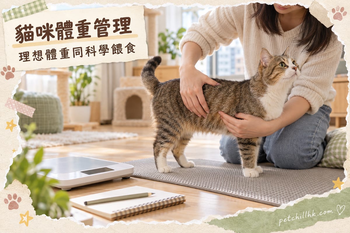 主人在香港單位地用雙手摸貓嘅肋骨做體態評分,貓咪站喺防滑墊上,旁邊有電子磅同記事本