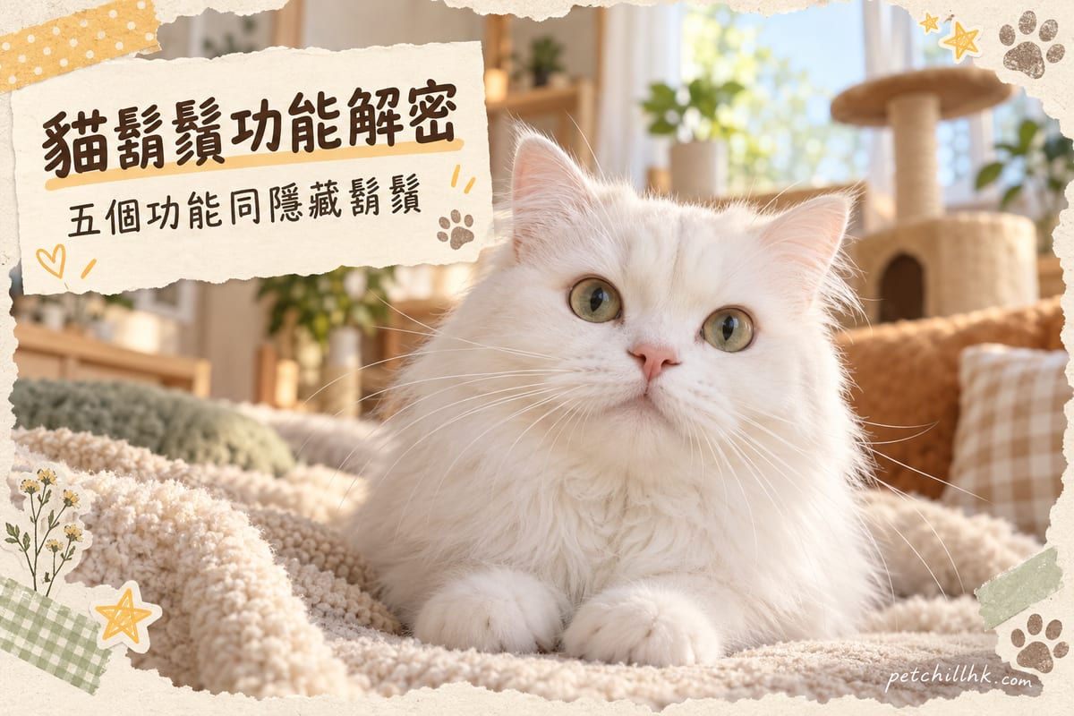 一隻白色長毛貓正面特寫,鬍鬚清晰可見,背景溫馨家居場景