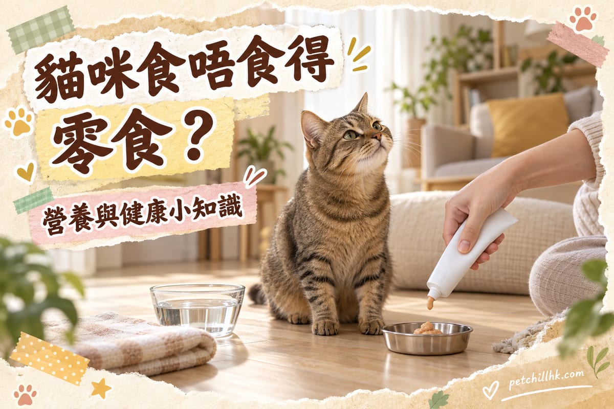 香港單位客廳淺色木地板上,一隻短毛虎斑貓坐在米色軟墊前,主人手執一支白色擠管式貓肉泥正慢慢擠出,旁邊放一個不鏽鋼小碟同玻璃水碗,窗邊透入柔和午後陽光