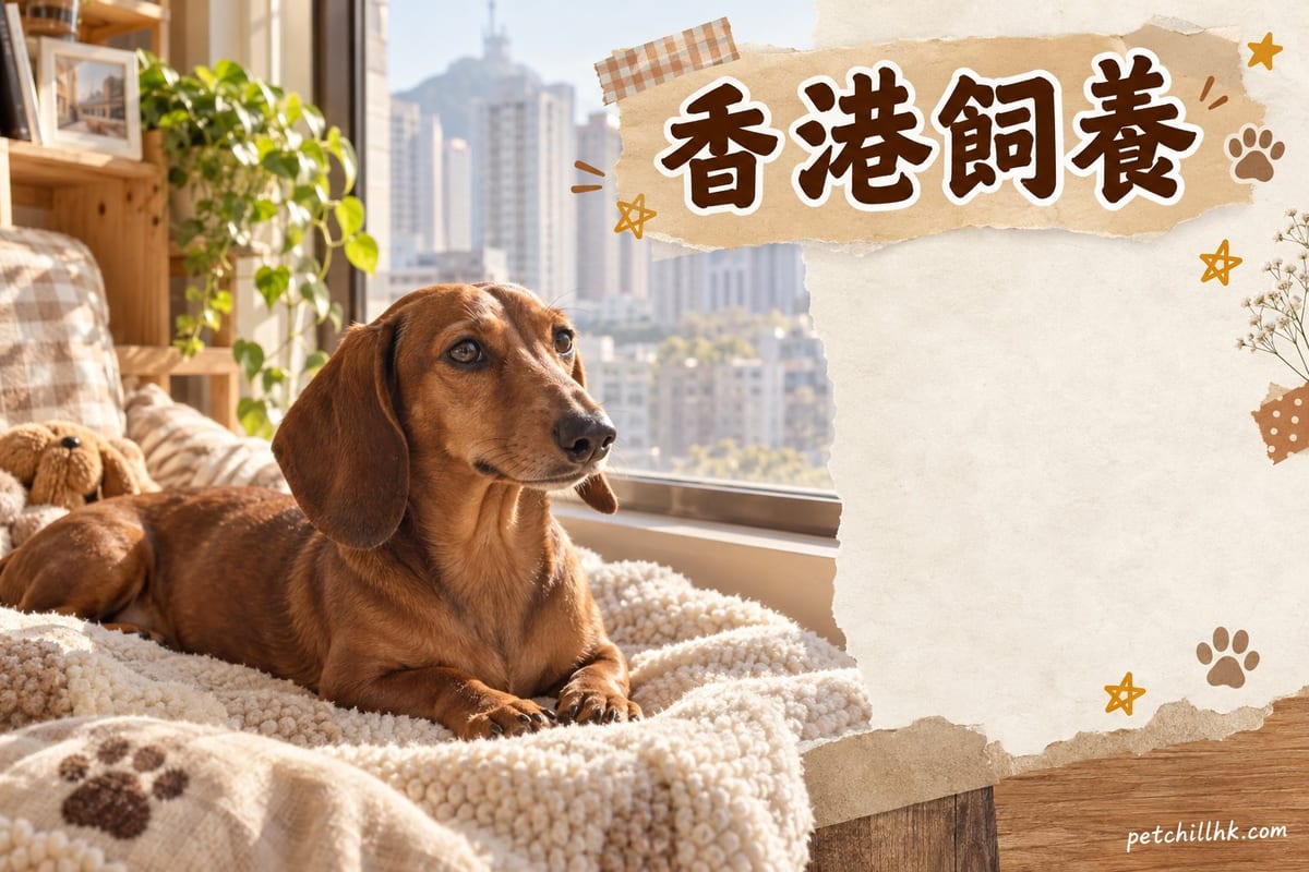 臘腸狗喺香港公寓客廳嘅防滑地氈上休息,窗外係城市樓景