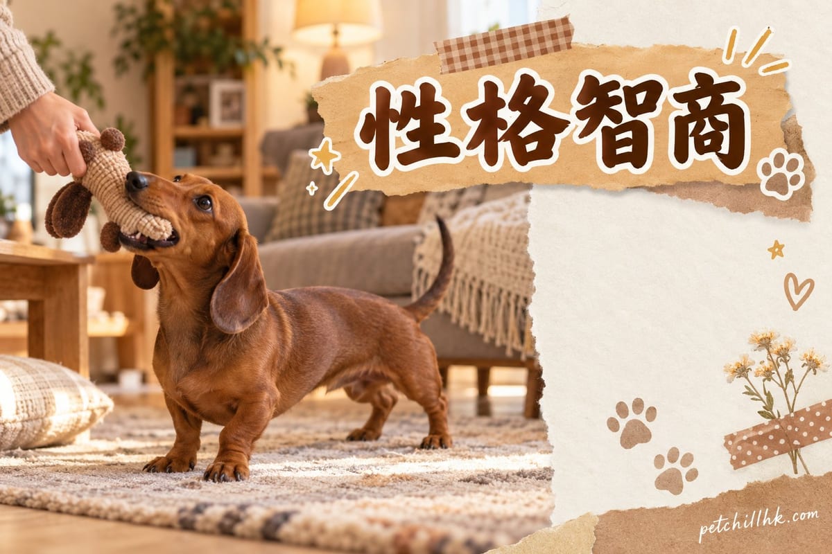 一隻長毛臘腸狗專注望住主人手上嘅訓練零食