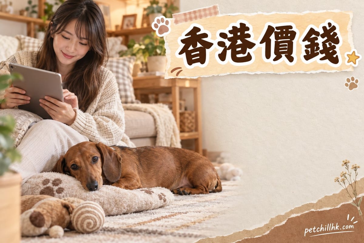 長毛同短毛臘腸狗企喺客廳地氈上,旁邊放住養狗準備清單