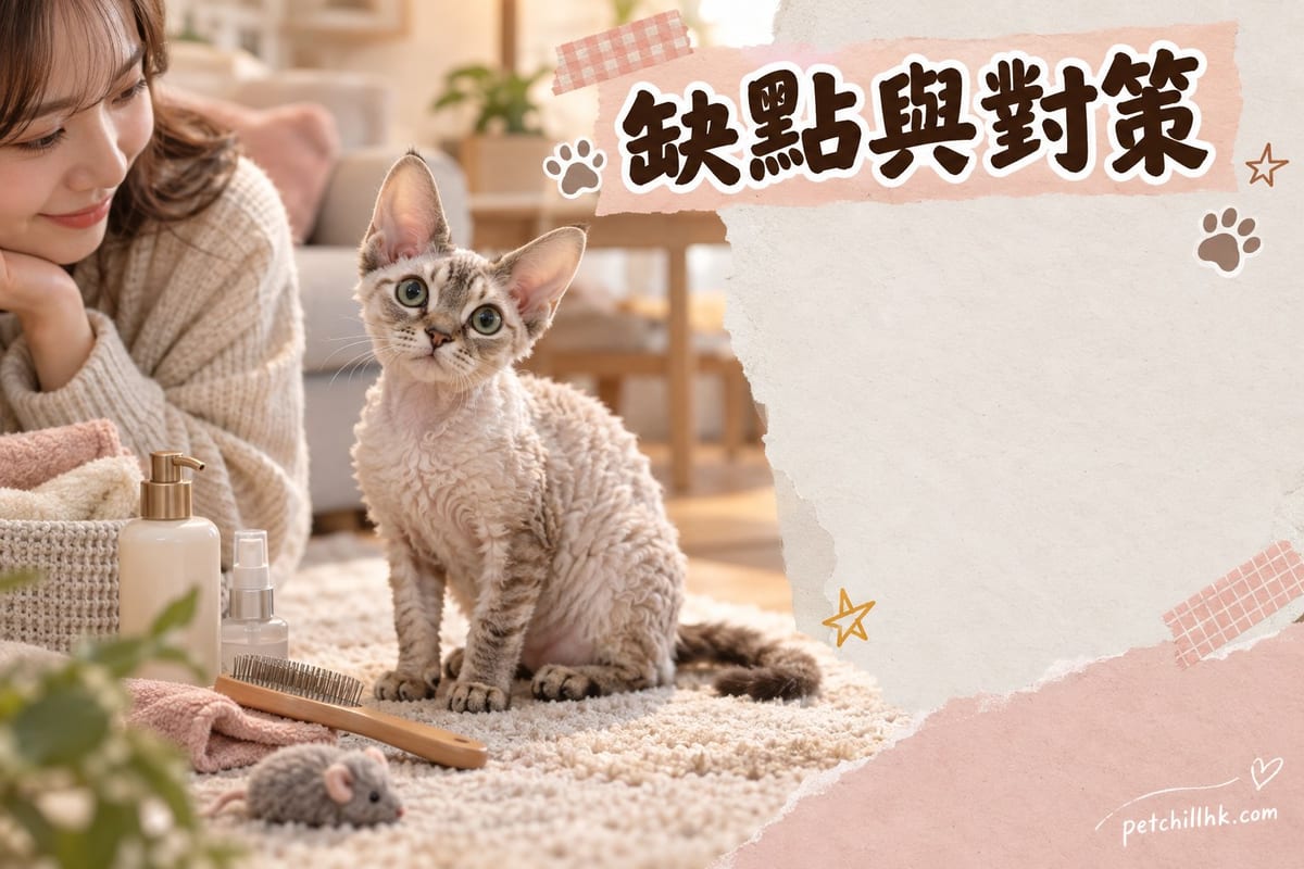一隻德文捲毛貓企喺香港住宅梳化扶手上,大耳仔同捲曲短毛清晰可見,望住鏡頭