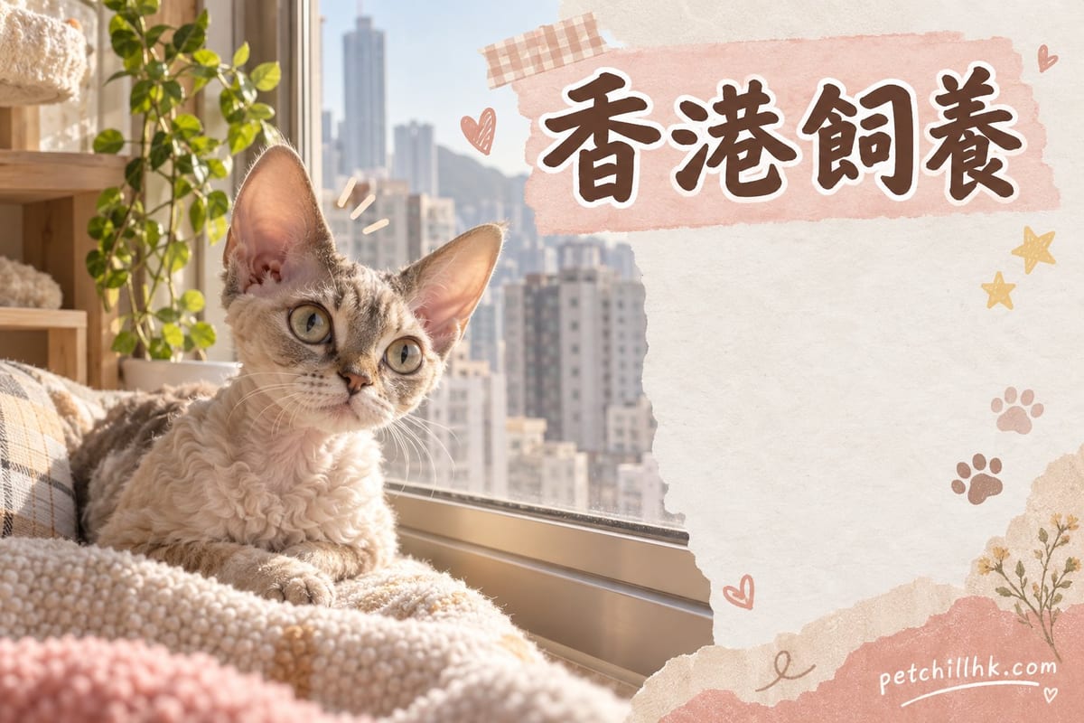 一隻德文捲毛貓企喺香港住宅窗邊,望住窗外密集樓宇,室內放住水碗同軟墊