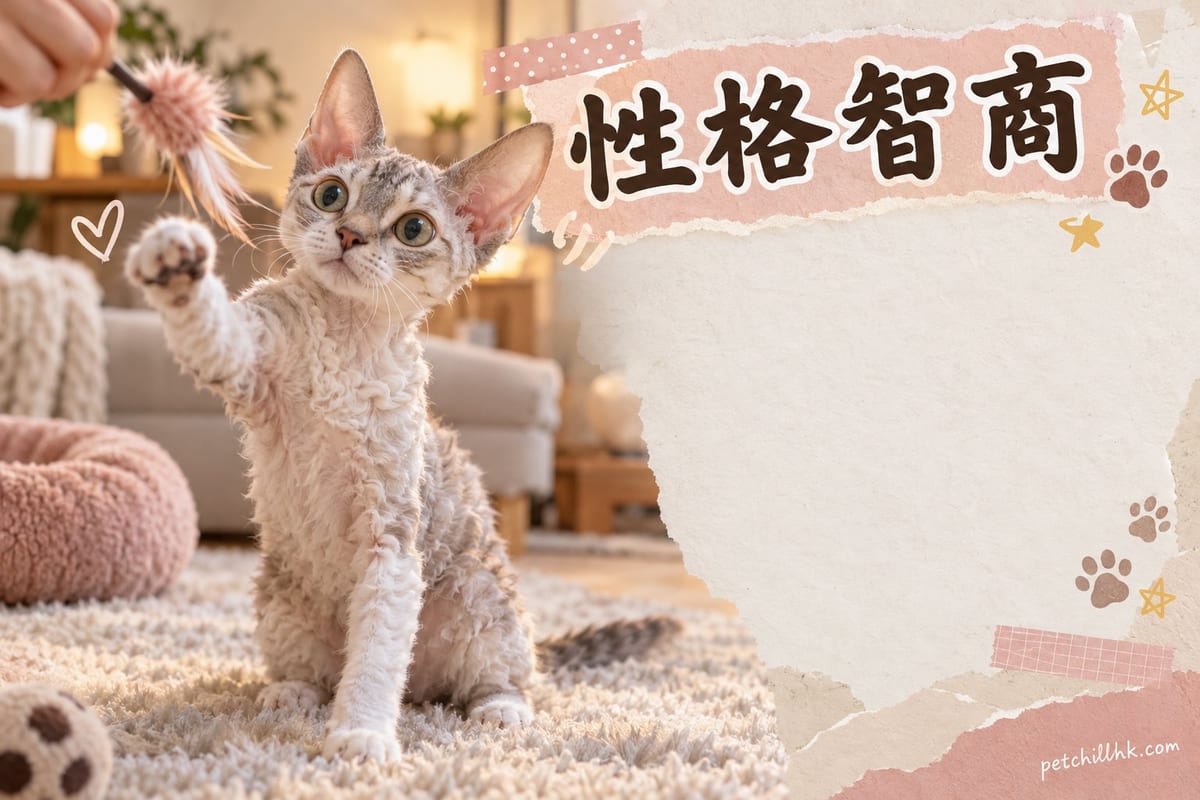 一隻德文捲毛貓企喺客廳梳化背上,大耳仔豎起、眼神好奇望住主人手中嘅逗貓棒
