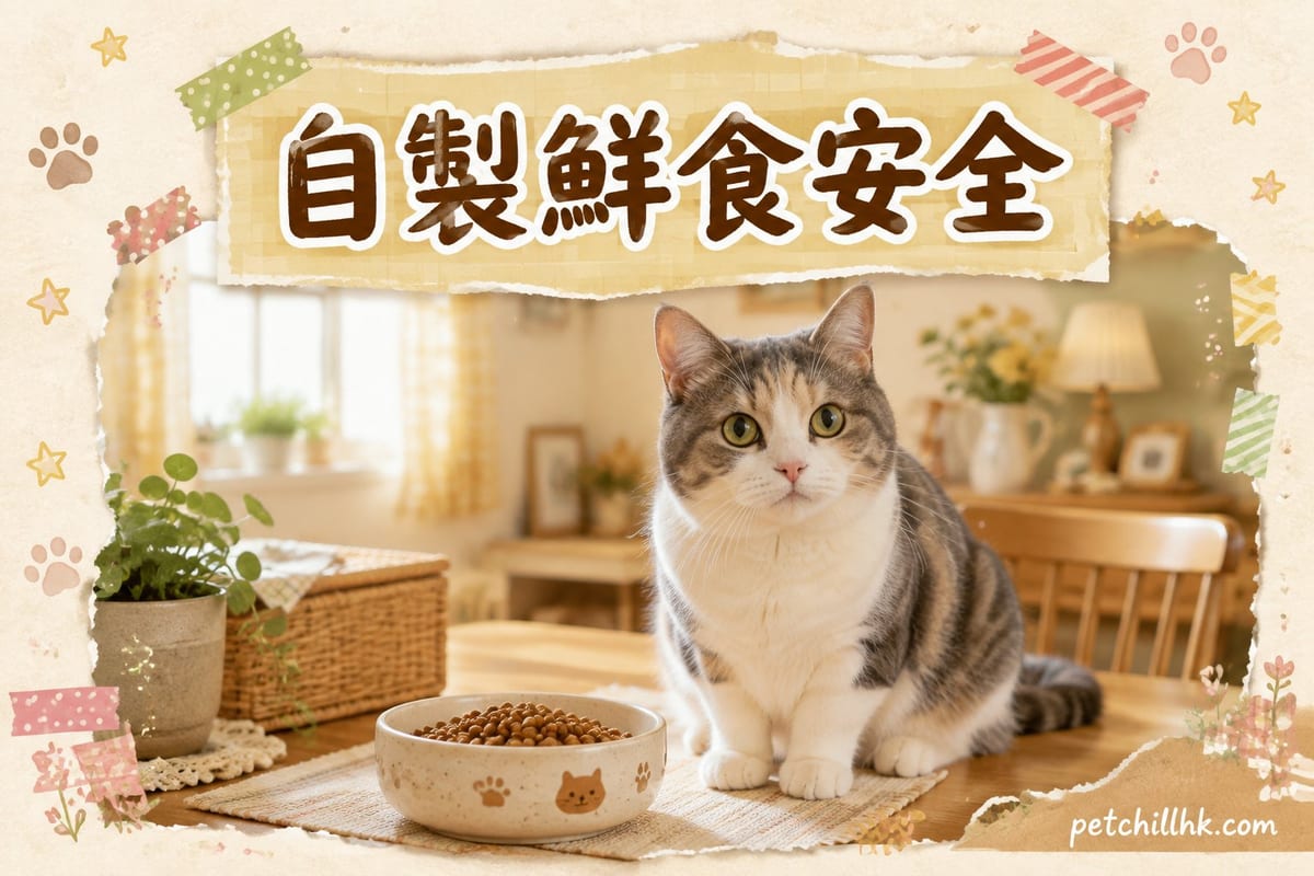 廚房枱面一隻柴犬望住主人烹煮無調味雞胸肉同南瓜，隔籬貓好奇探頭