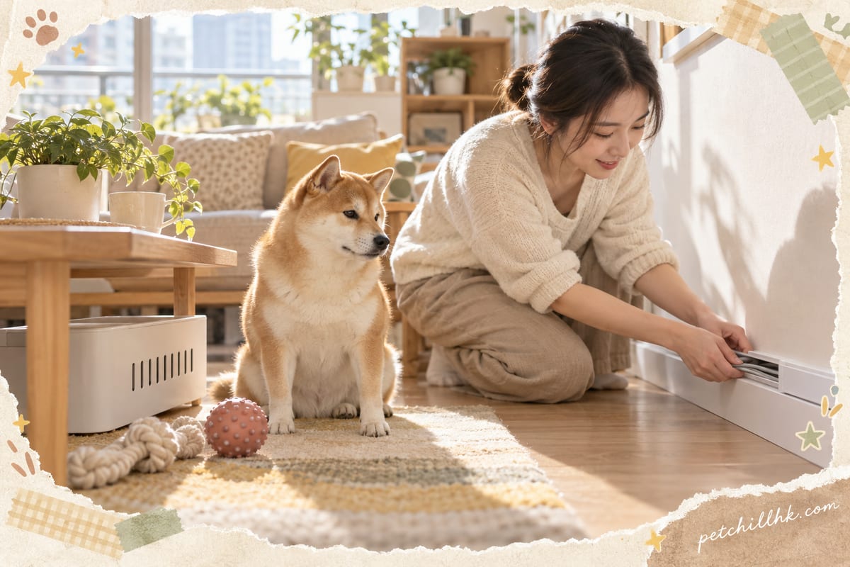 香港細單位客廳，一隻柴犬坐喺牆邊，主人正將一束電線穿入白色膠線槽，枱底放住集線盒同磨牙玩具