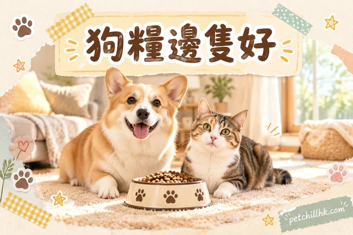 狗主喺香港家居反轉狗糧包裝睇成分表,地上放住狗碗同狗糧顆粒