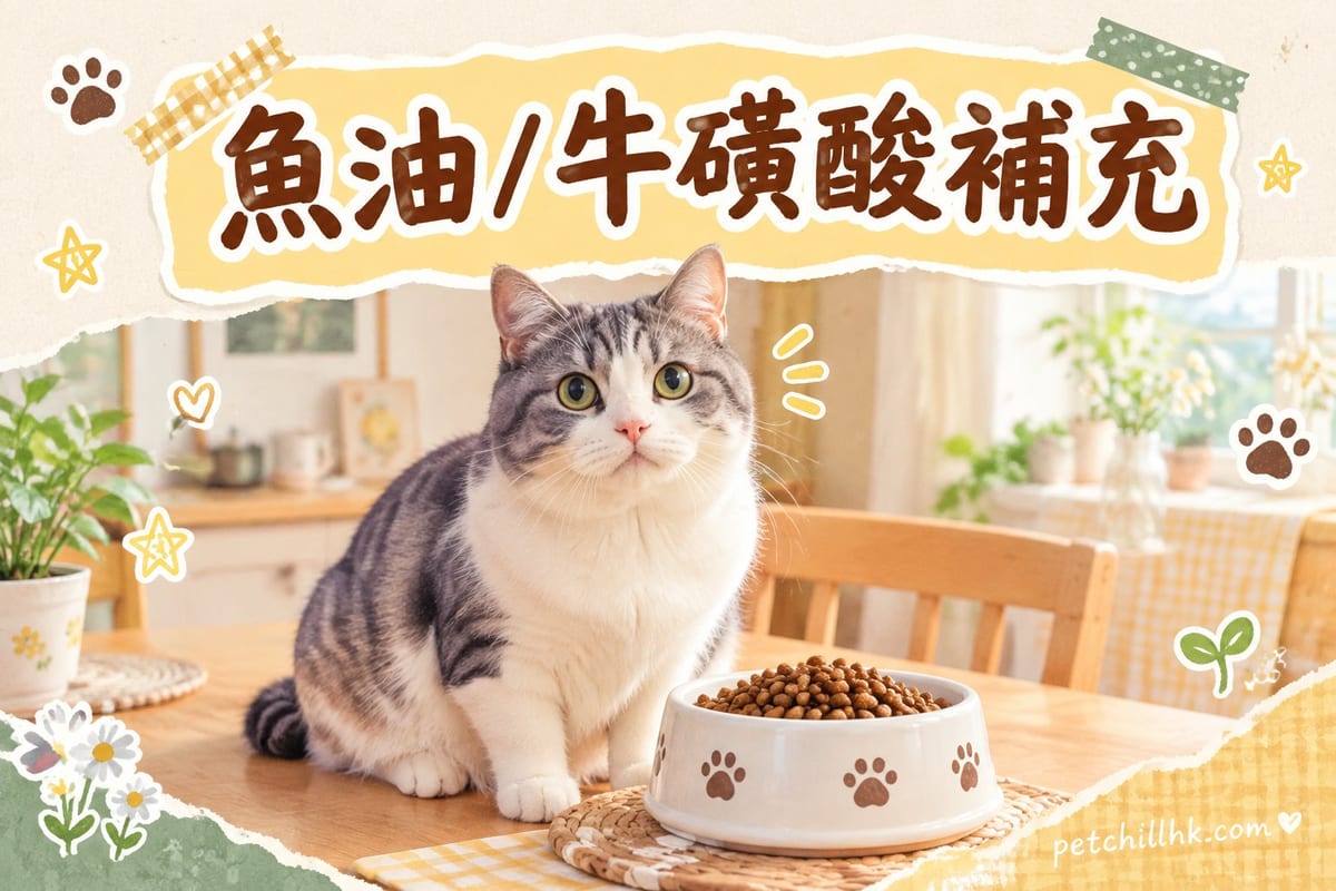 主人將魚油滴落貓糧上，一隻姜黃色貓喺枱邊等食，旁邊放住牛磺酸補充品樽