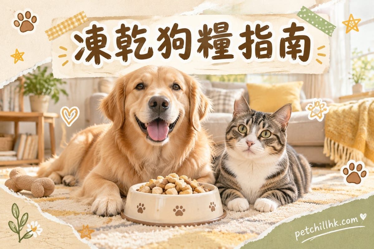 木桌上一碗用暖水還原中嘅凍乾狗糧,旁邊放住凍乾肉粒包裝,一隻貴婦犬好奇嗅聞