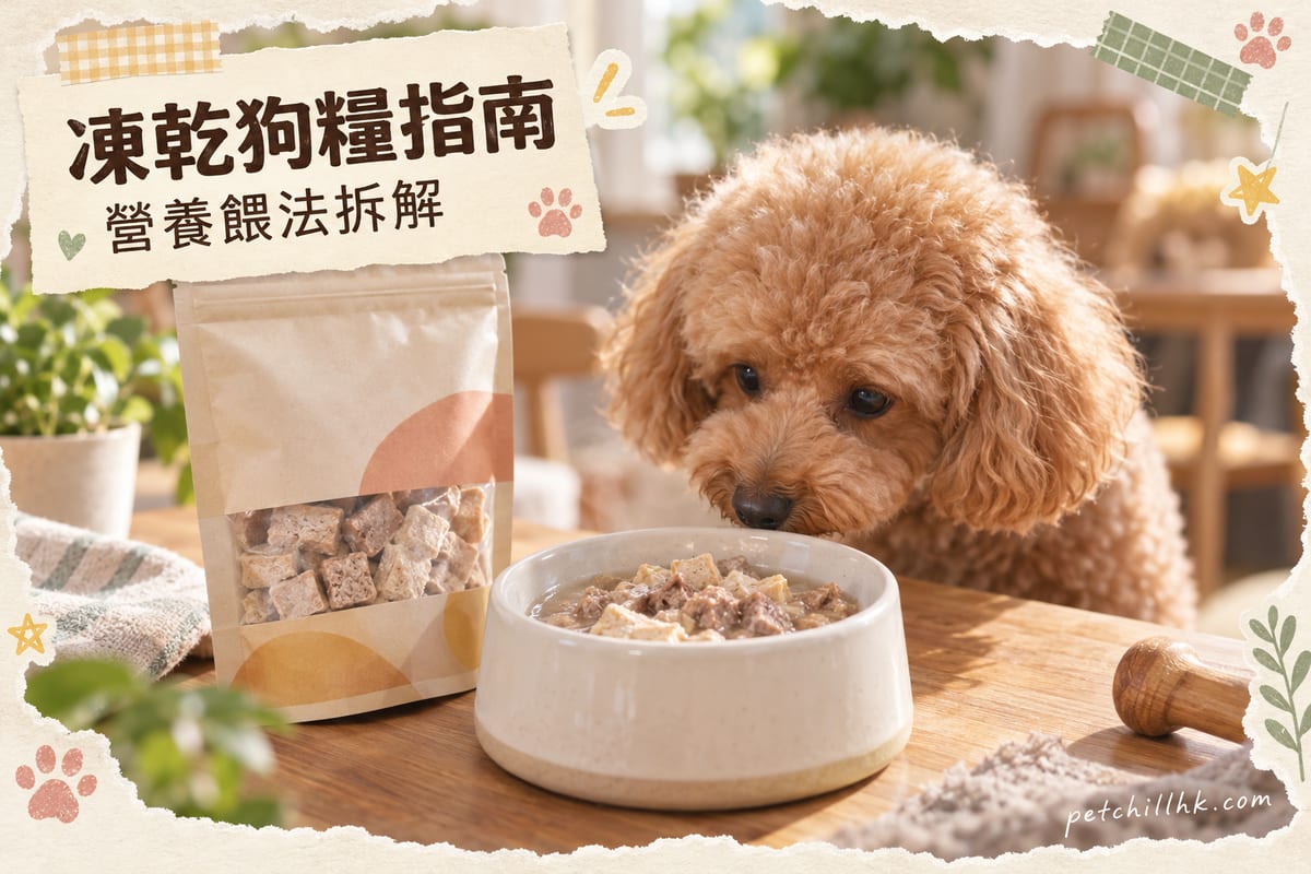 木桌上一碗用暖水還原中嘅凍乾狗糧,旁邊放住凍乾肉粒包裝,一隻貴婦犬好奇嗅聞