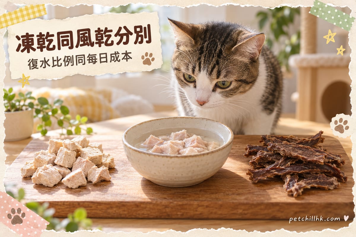 木板上左邊凍乾肉粒、右邊風乾肉條,中間一碗水浸住復水樣本,一隻香港短毛貓望向食物(凍乾與風乾比較)