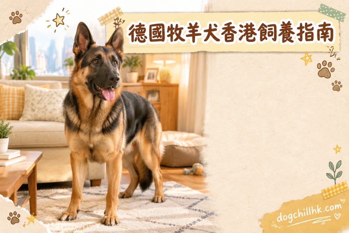 黑褐色德國牧羊犬坐喺香港維港公園草坪,主人手持牽繩,背景係白天高樓天際線
