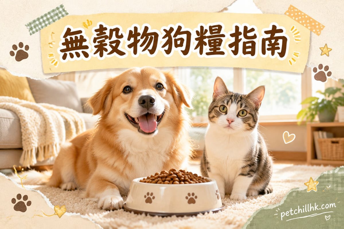 木碗盛著無穀物狗糧，旁邊擺放雞肉、糙米同燕麥作對照，一隻黃金獵犬在廚房檯前等待