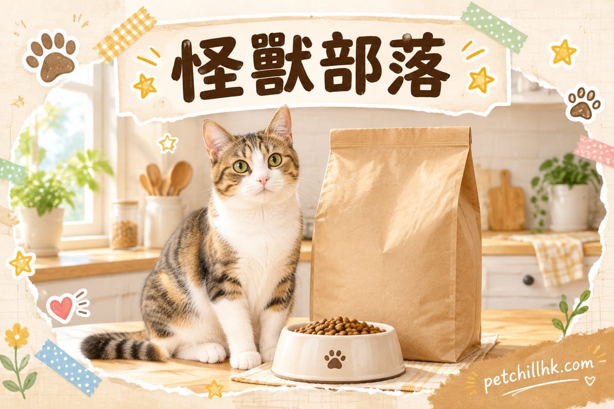 廚房枱面上一隻白貓望住怪獸部落飼料碗,隔籬擺住人食級雞胸肉同蔬菜素材