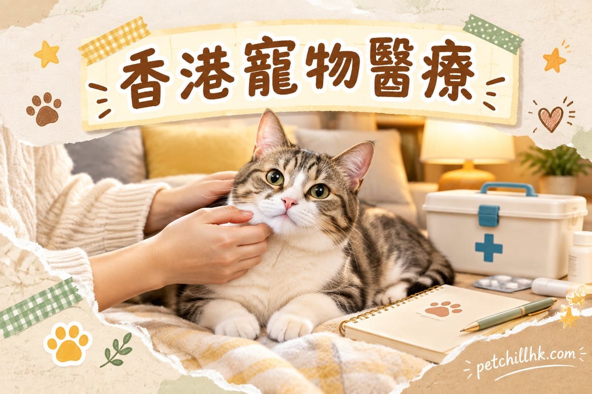 香港獸醫診所診室內,獸醫幫一隻橘貓檢查身體,主人喺旁邊查看醫療費用清單