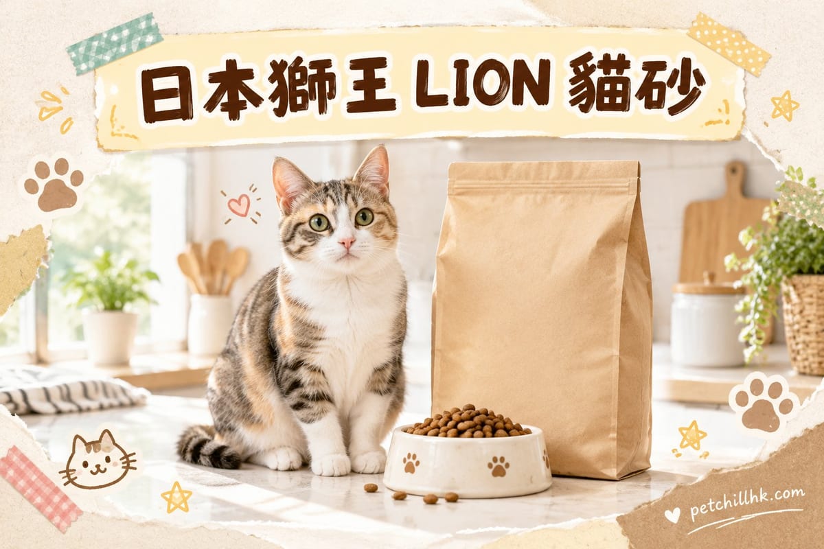 一隻米努特貓坐喺貓砂盤度試緊日本獅王 LION 強勁消臭礦物貓砂,旁邊擺住 5L 裝包裝