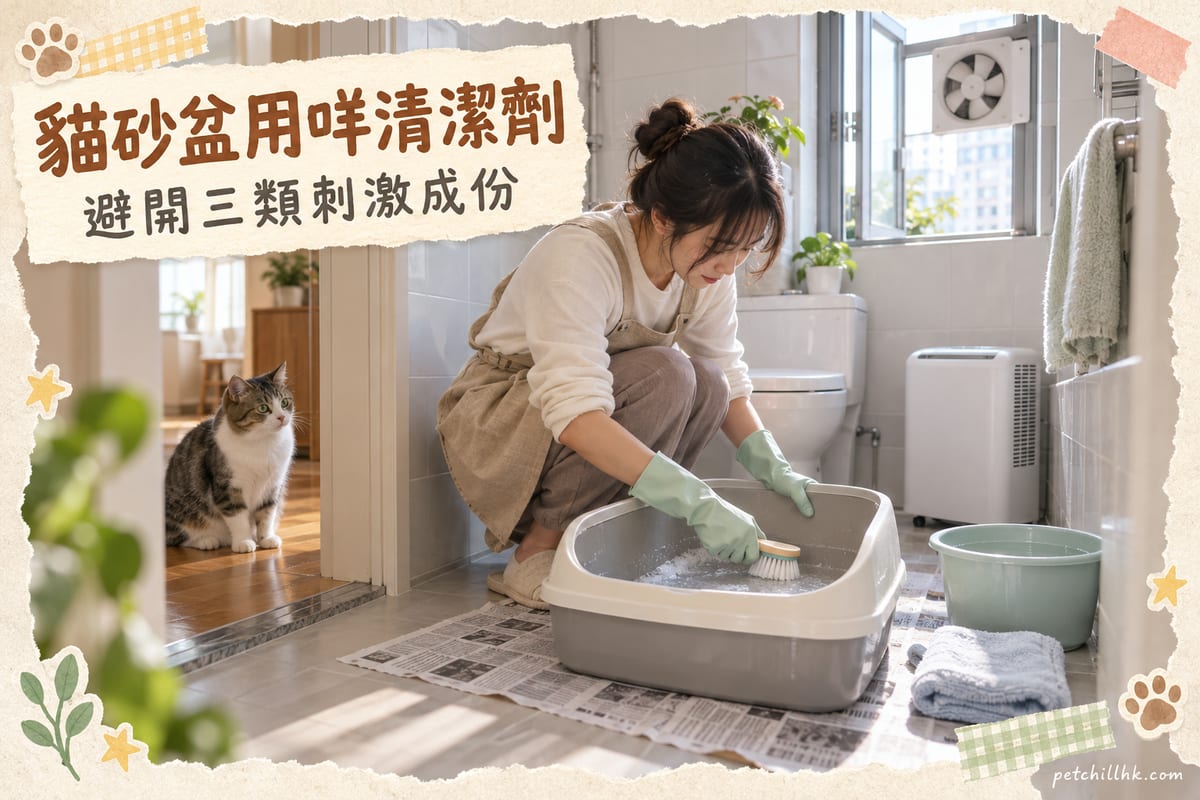 香港細單位浴室,主人戴膠手套蹲喺開放式貓砂盆旁邊,用軟毛刷同溫水刷洗盆身,地面鋪住報紙,窗邊抽氣扇開住,一隻短毛家貓坐喺門外走廊等