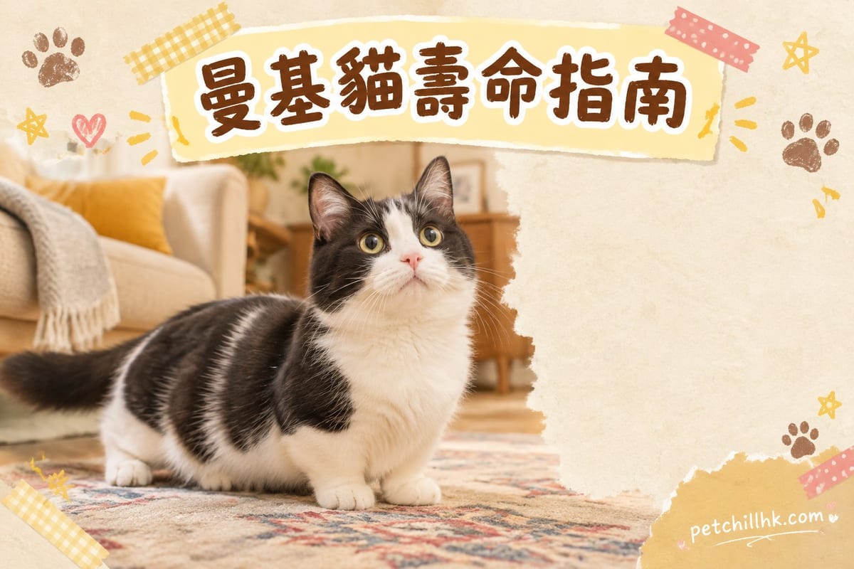 年長嘅曼基康貓瞓喺加厚貓窩旁,主人喺側記錄體重
