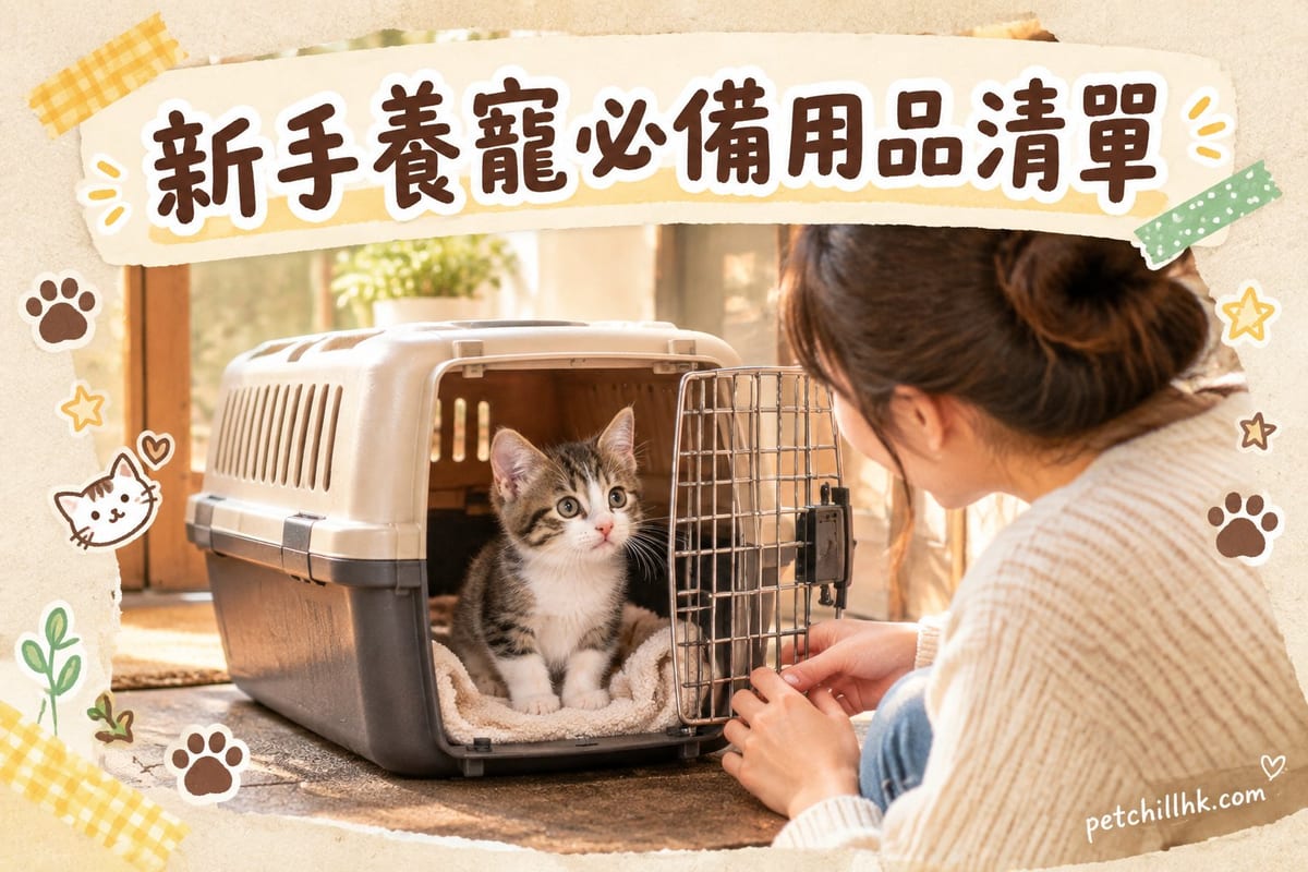 木地板擺住貓砂盆、狗糧碗、牽繩同寵物床,新手養寵物必備用品整齊排列